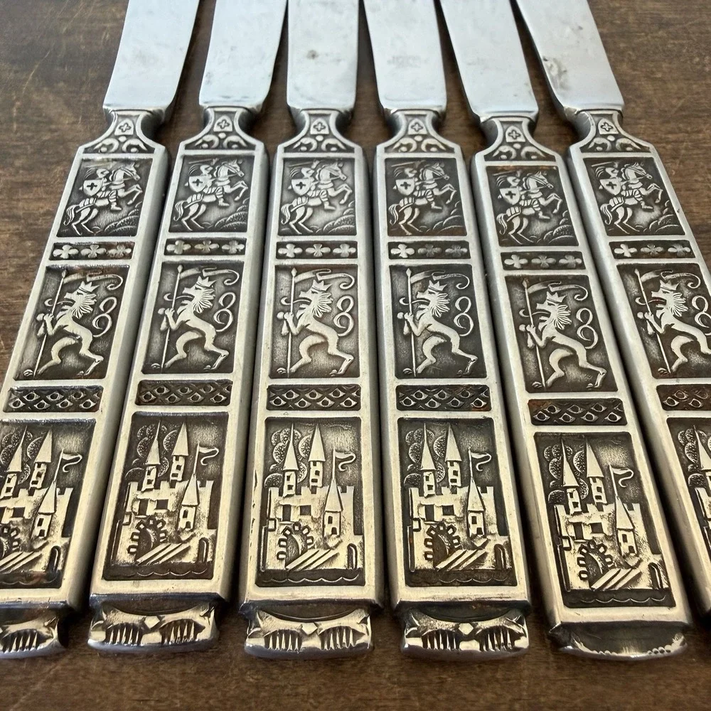 Vtg Nasco Crusader Steak Knives Set 6 Medieval Knight Lion Castle Japan MCM